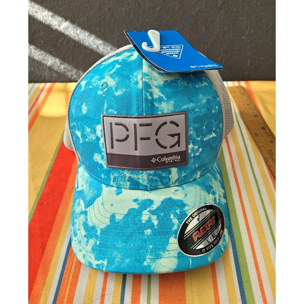Columbia PFG PFG Trucker Hat L/XL Blue/Gray Tie-Dye Mesh Back Stretch Fishing